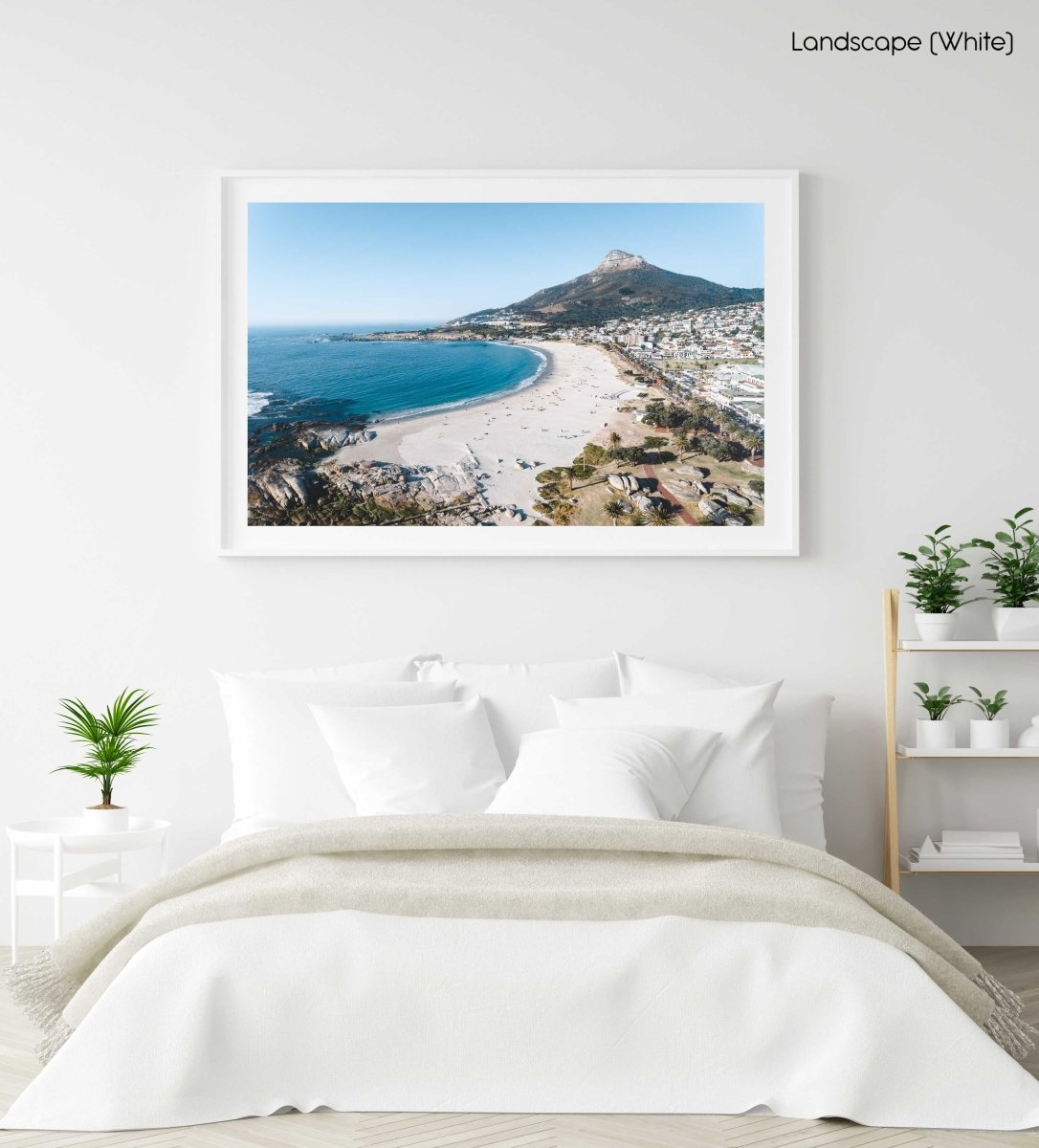 Aerial of camps bay beach and lions head in cape town in a white fine art frame