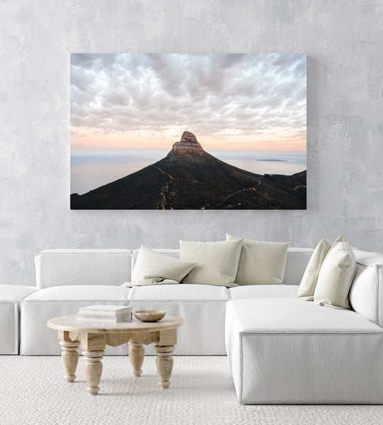 Lions head mountain with clouds during sunrise in cape town in an acrylic/perspex frame