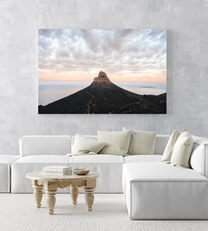 Lions head mountain with clouds during sunrise in cape town in an acrylic/perspex frame