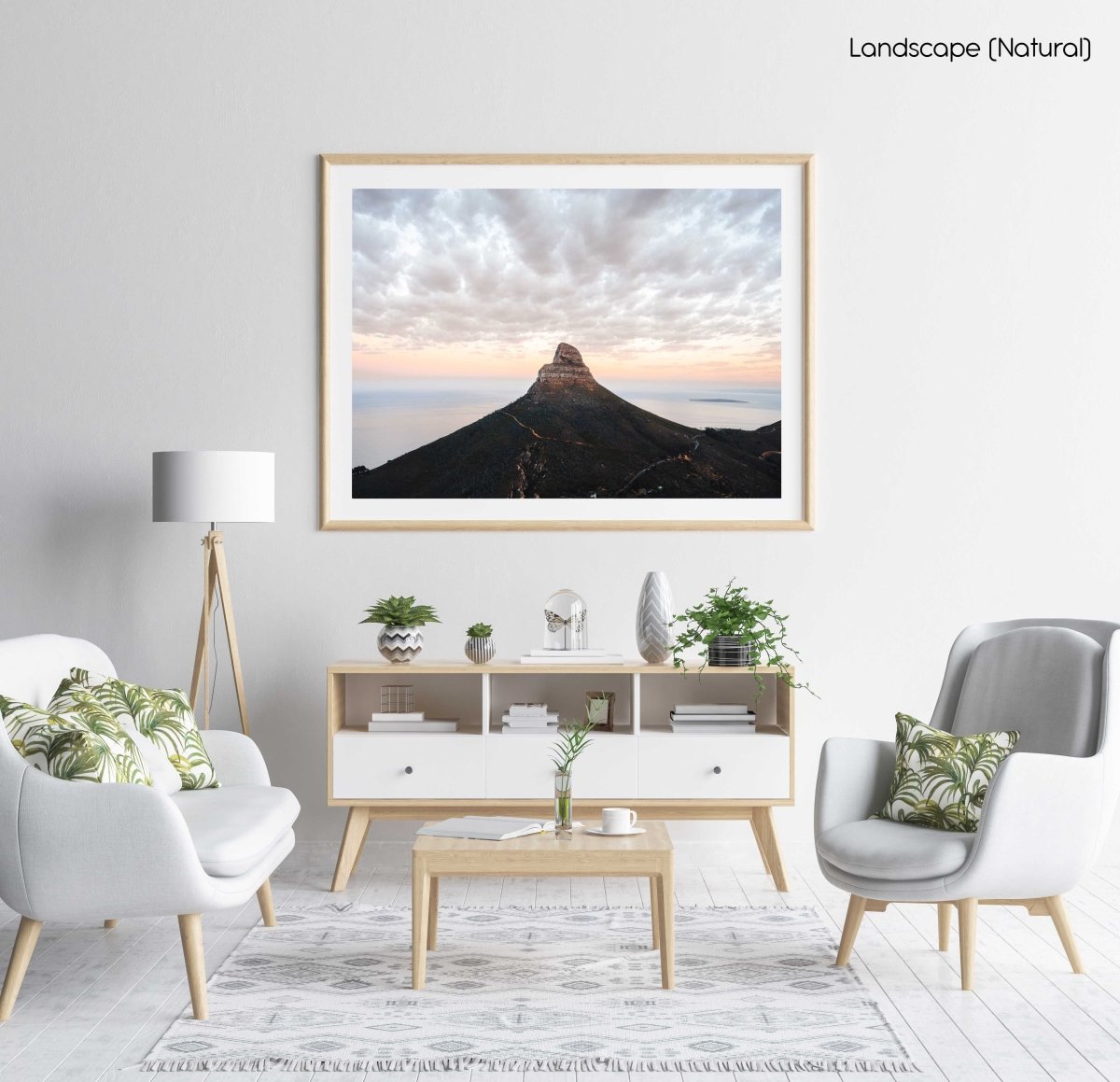 Lions head mountain with clouds during sunrise in cape town in a natural fine art frame