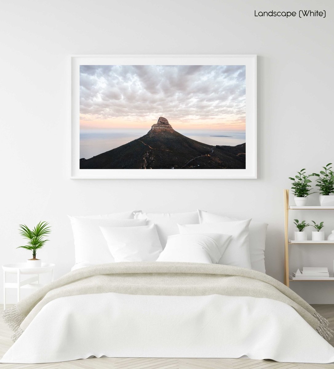 Lions head mountain with clouds during sunrise in cape town in a white fine art frame