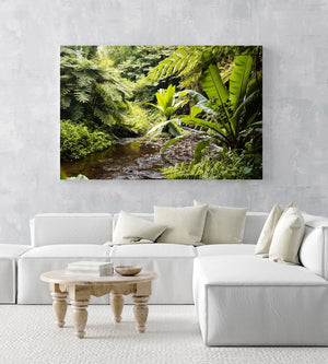 Water flowing down river in a green jungle in Kenya in an acrylic/perspex frame