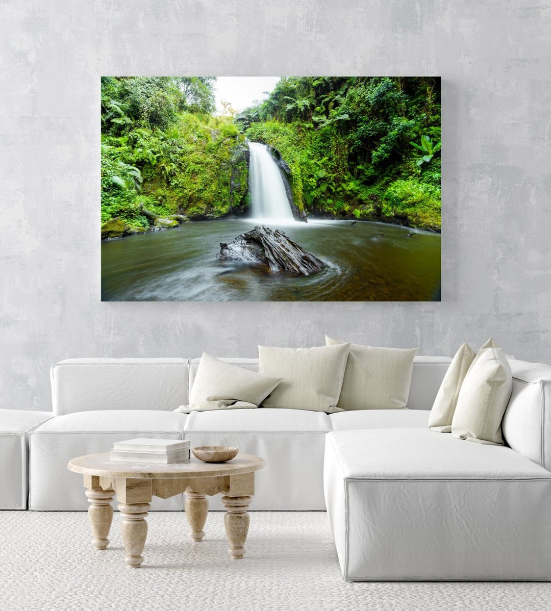 Green plants and a waterfall flowing in Mt Kenya in an acrylic/perspex frame