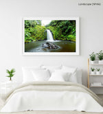 Green plants and a waterfall flowing in Mt Kenya in a white fine art frame