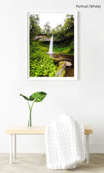 Big waterfall and green vegetation in Mount Kenya in a white fine art frame