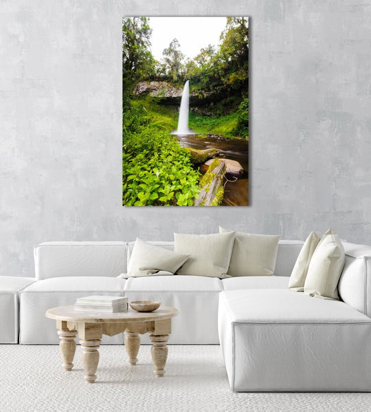 Big waterfall and green vegetation in Mount Kenya in an acrylic/perspex frame