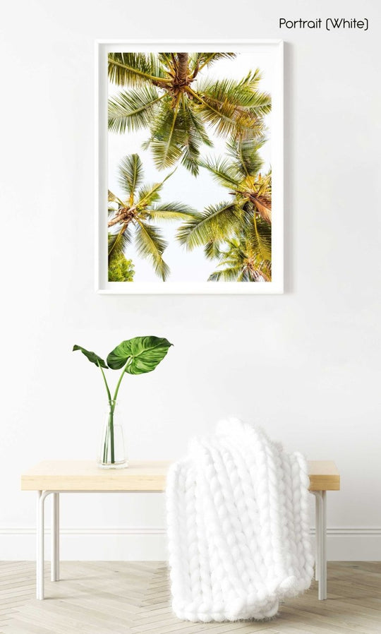 Green palm trees pattern and white sky in Kenya in a white fine art frame