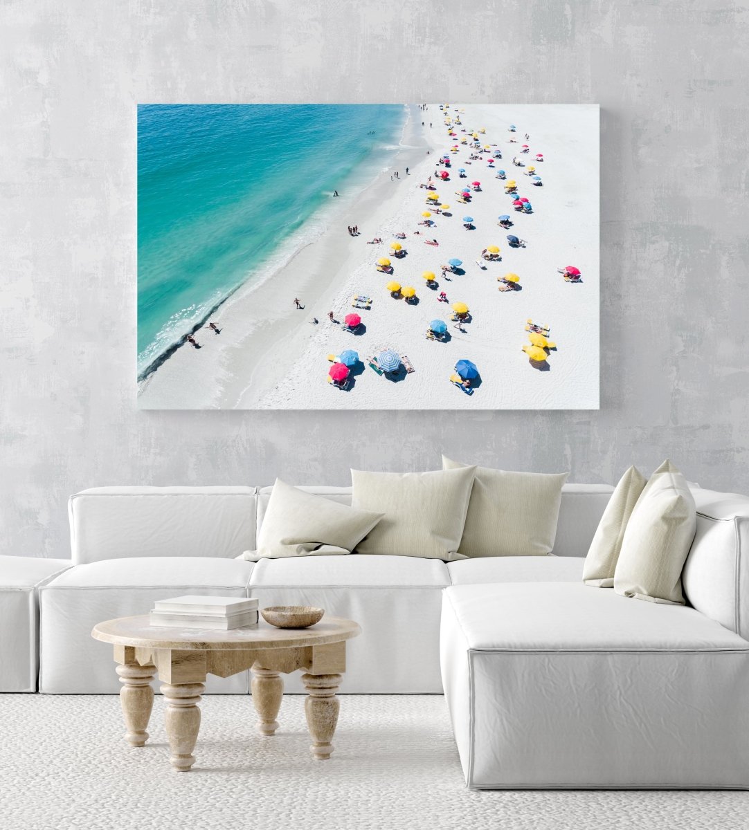 Aerial colorful umbrellas and people in sun on Camps Bay beach Cape Town in an acrylic/perspex frame