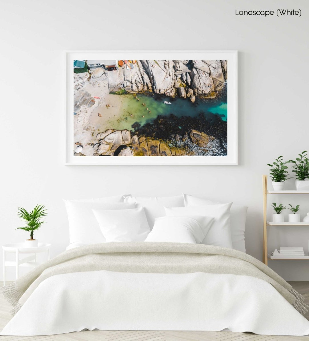 Swimmers from above at Beta Beach in Cape Town in a white fine art frame