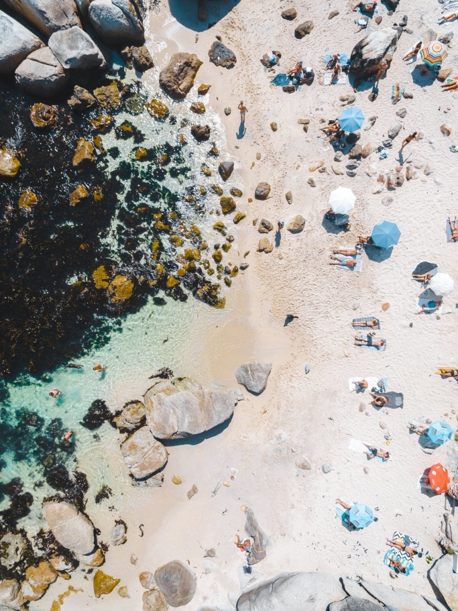 Beach goers and umbrellas from above on Beta Beach Bakoven