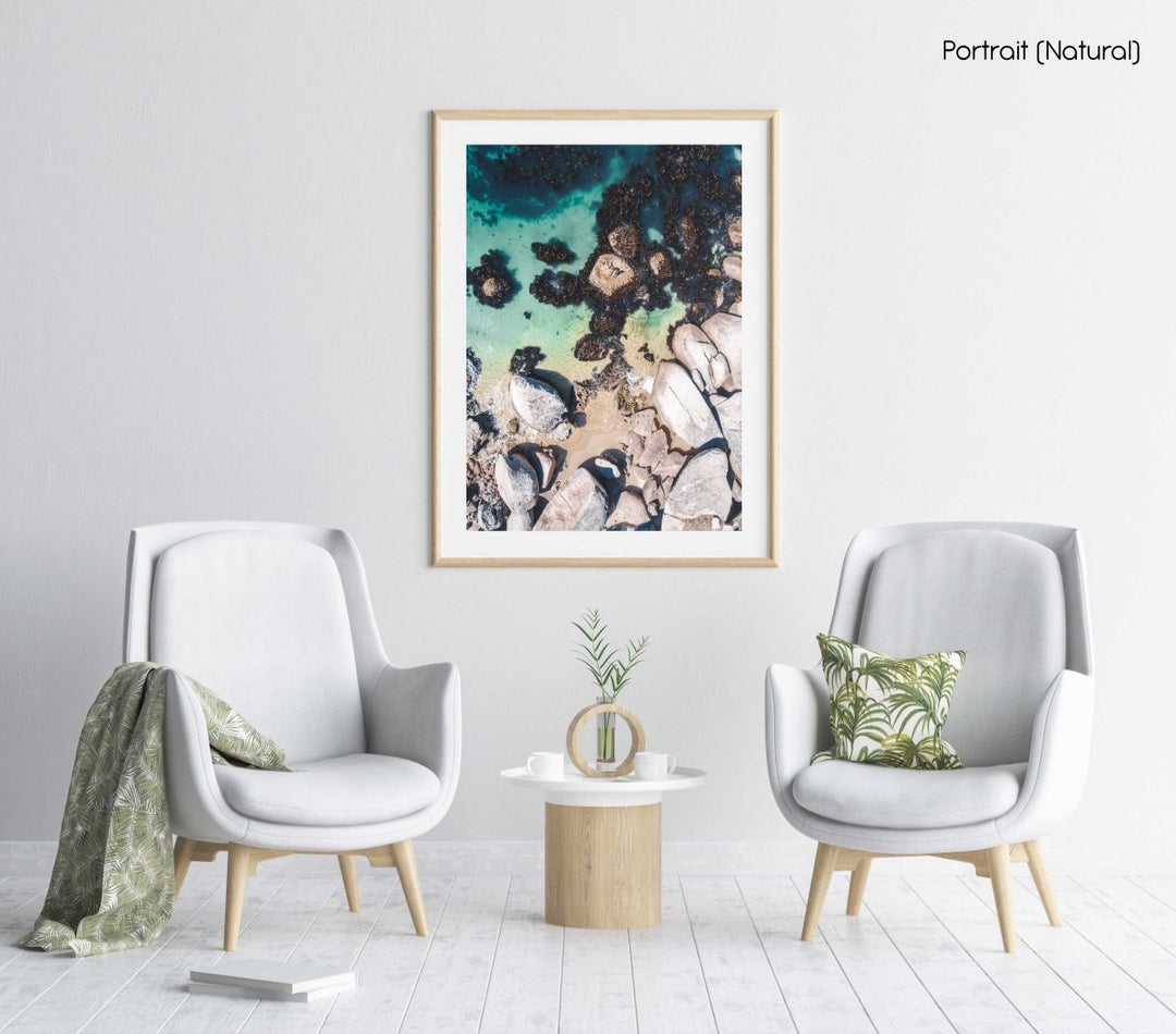 Boulders and people from above at green sea in Oudekraal Cape Town in a natural fine art frame