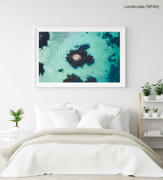 One rock with seaweed in middle of blue green water from above in a white fine art frame