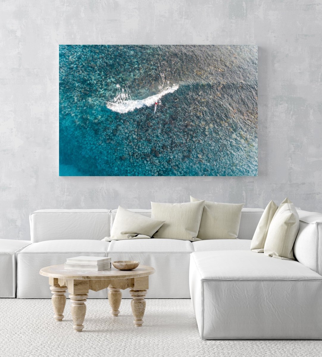 Aerial of kayak surfing on a shallow wave at Bower in Manly Sydney in an acrylic/perspex frame