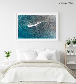 Aerial of kayak surfing on a shallow wave at Bower in Manly Sydney in a white fine art frame