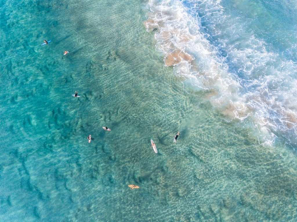 Surfers from above in blue turquoise sea at Manly beach sydney