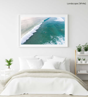 Dark green and blue whitewash rolling through Manly Beach surf in a white fine art frame
