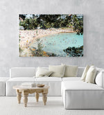 Crowded Shelly Beach swimmers in turquoise water on summers day in an acrylic/perspex frame