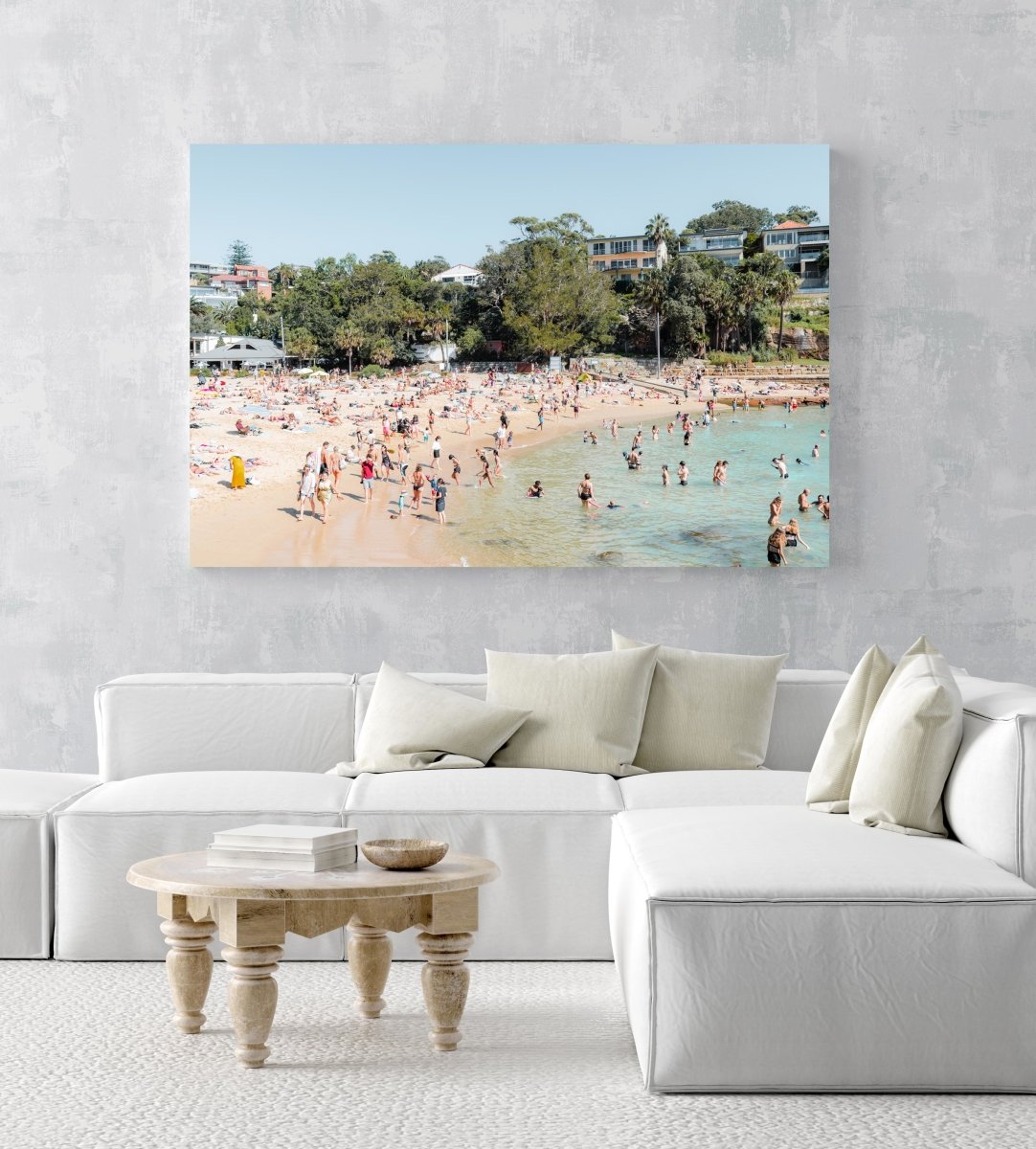 Shelly beach goers on a hot summers day in sydney in an acrylic/perspex frame