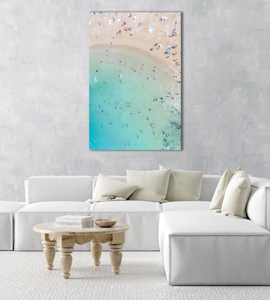 Aerial topdown of blue sea and people swimming at the beach in Sydney in a natural fine art frame