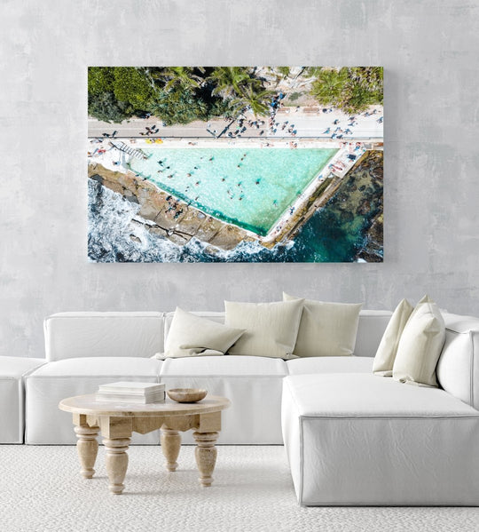 People swimming at Bower pool at Shelly Beach in Manly from above in a white fine art frame