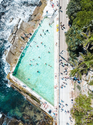 People swimming at Bower pool at Shelly Beach in Manly from above
