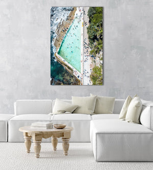People swimming at Bower pool at Shelly Beach in Manly from above in a natural fine art frame