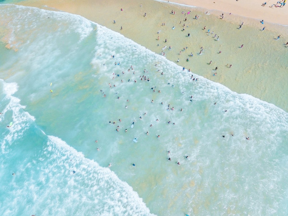 Lots of swimmers in the waves at Manly Beach in Sydney