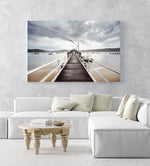 Moody clouds rolling towards boats and boardwalk in Sydney in an acrylic/perspex frame