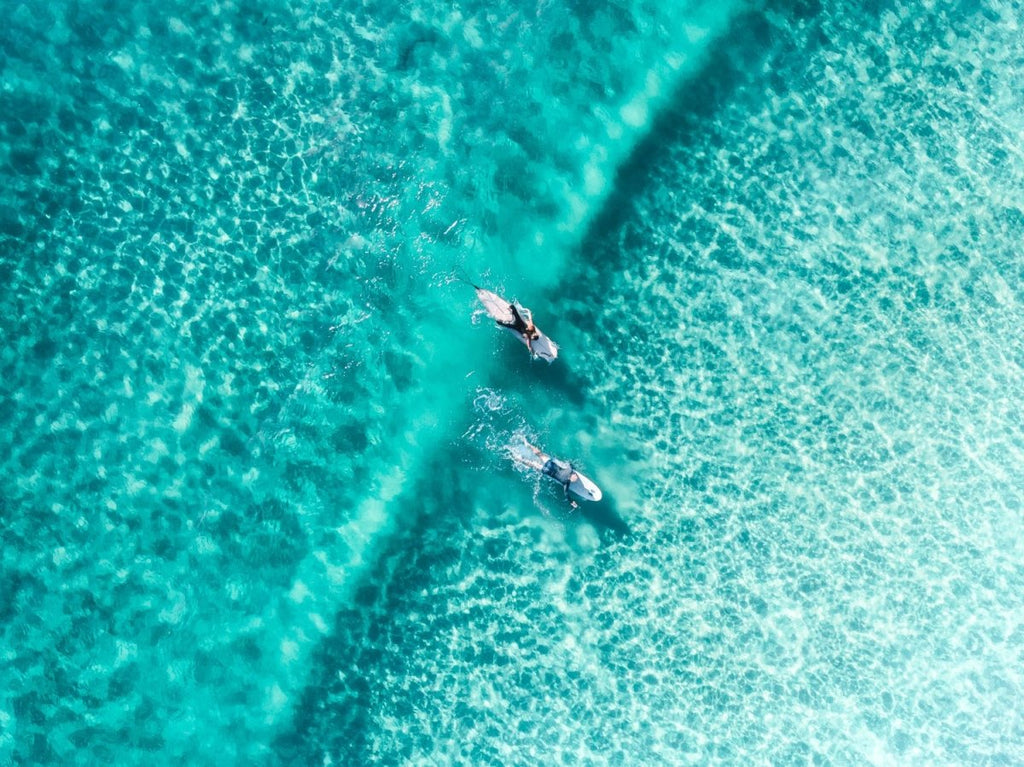 Two surfers paddling on one blue wave from aerial view