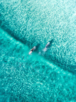 Two surfers paddling on one blue wave from aerial view