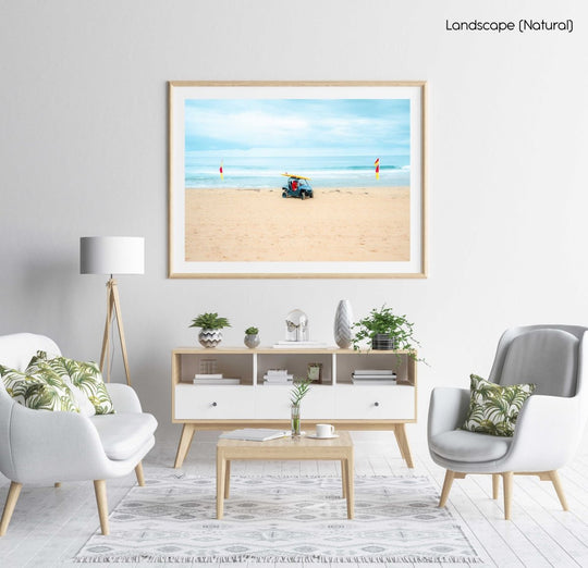 Lifesavers in a blue beach buggy with yellow board on roof in Monavale Beach Sydney in a natural fine art frame