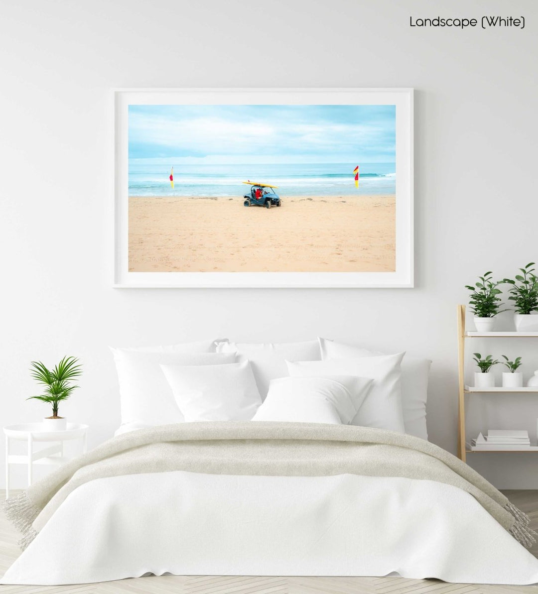 Lifesavers in a blue beach buggy with yellow board on roof in Monavale Beach Sydney in a white fine art frame