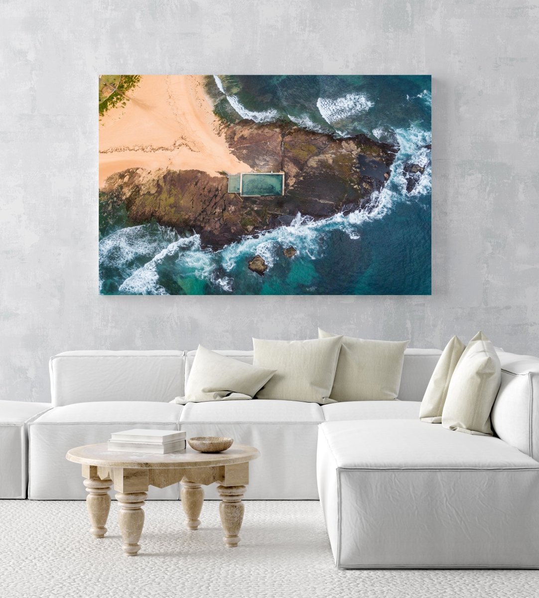 Aerial topdown view of Monavale pool in Sydney in a white fine art frame