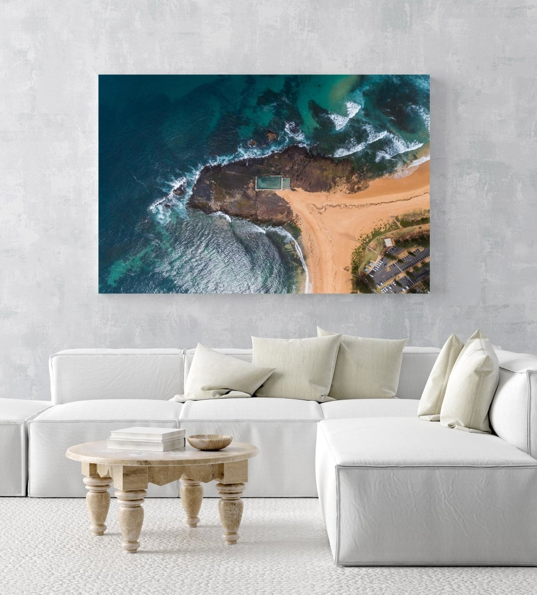 Aerial topdown of Monavale tidal pool in NSW Sydney in a white fine art frame