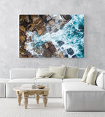 Water crashing from sea into rocks along Sydney coast in a white fine art frame