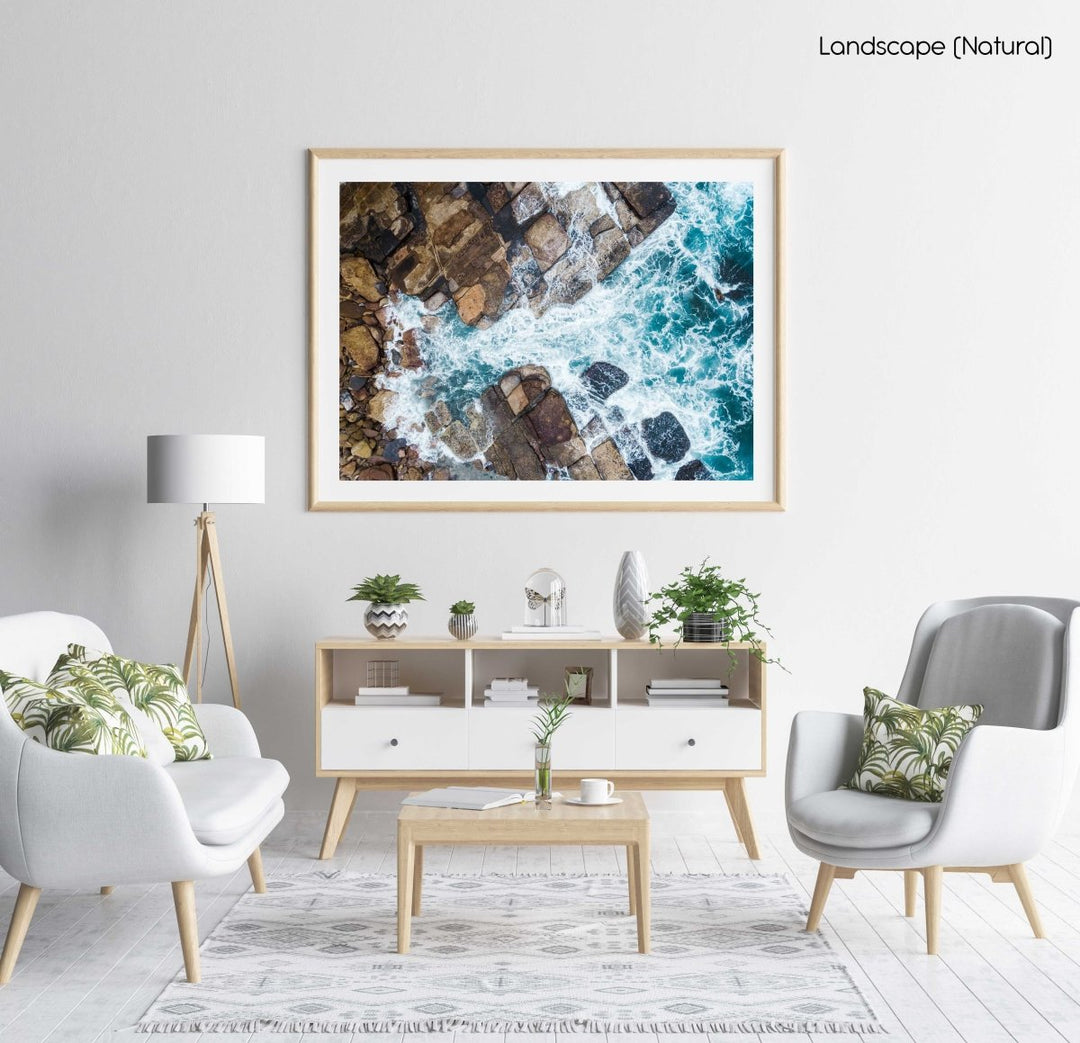 Water crashing from sea into rocks along Sydney coast in a natural fine art frame