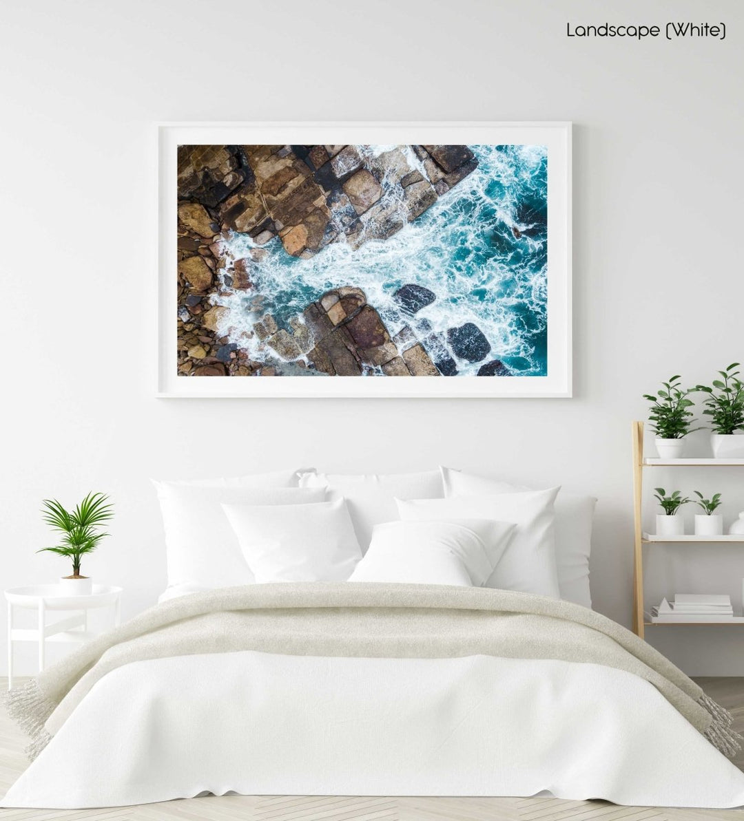 Water crashing from sea into rocks along Sydney coast in a white fine art frame