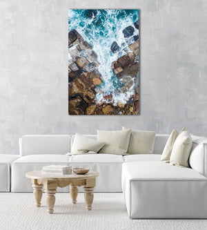 Water crashing from sea into rocks along Sydney coast in a natural fine art frame