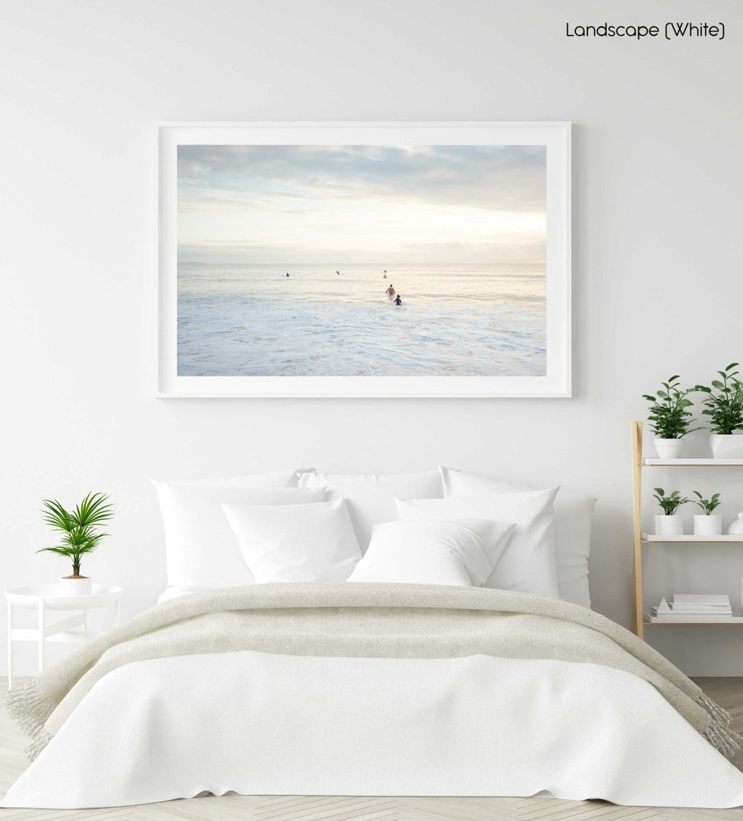 Neutral surfers lined up in water for sunrise surf on Manly Beach Sydney in a white fine art frame