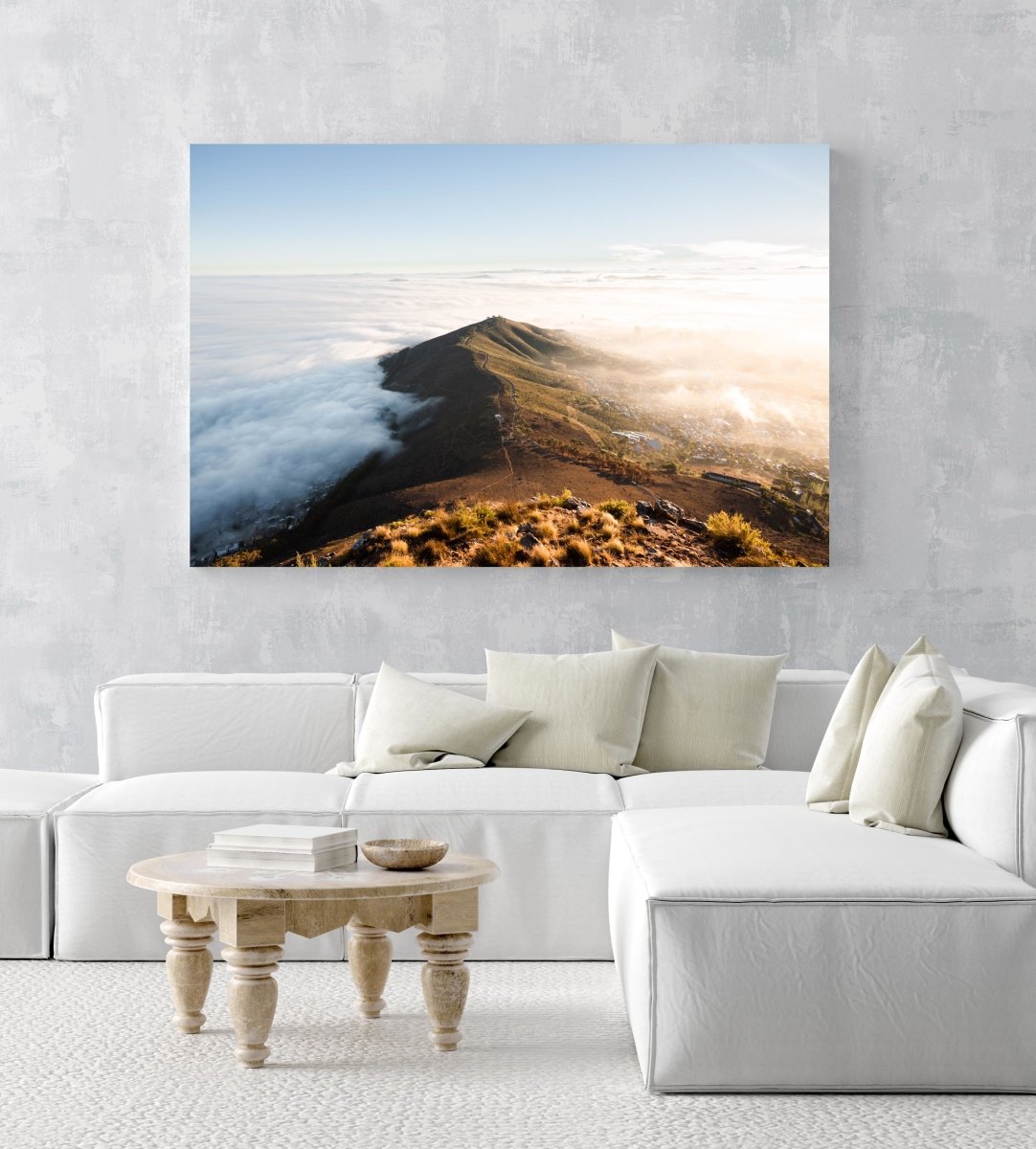 Mist rolling over cape town and signal hill from lions head in an acrylic/perspex frame