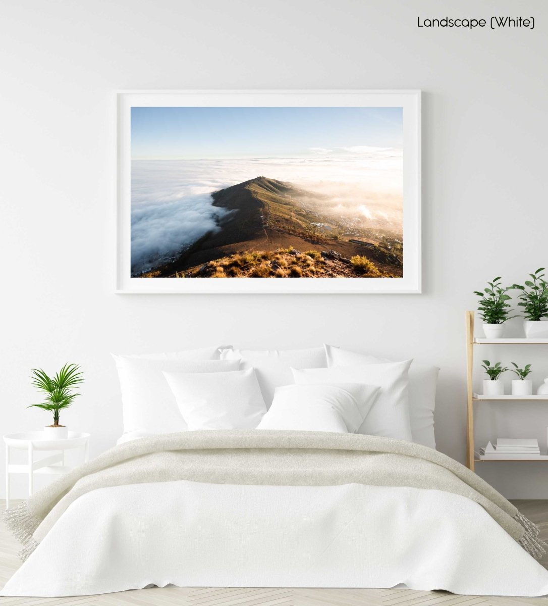 Mist rolling over cape town and signal hill from lions head in a white fine art frame