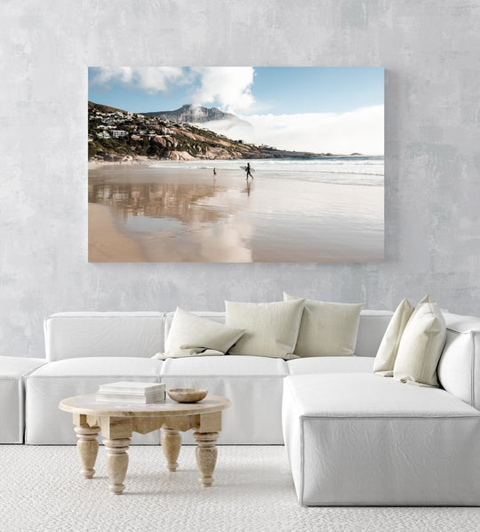 Surfer walking towards a kid on Llandudno Beach in Cape Town in an acrylic/perspex frame