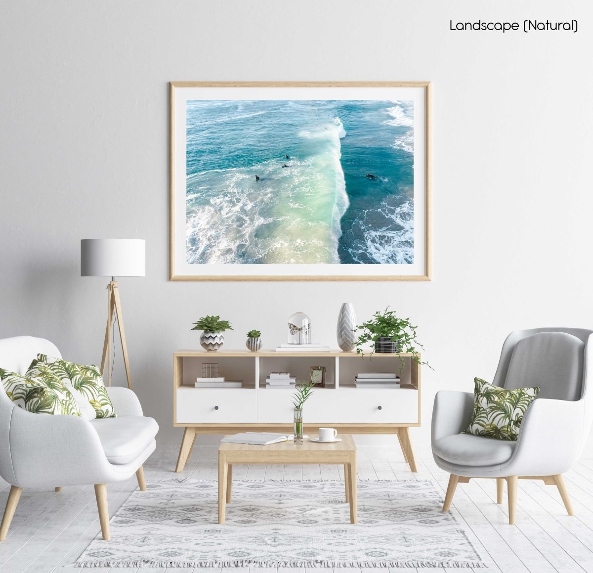 Wave crashing over surfer from above in Sandy Bay beach Cape Town in a white fine art frame