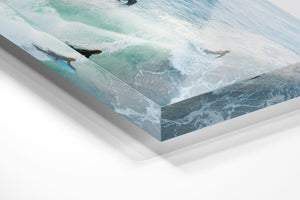 Aerial of bodyboarder surfing a wave amongst other surfers in Sandy Bay Cape Town in an acrylic/perspex frame