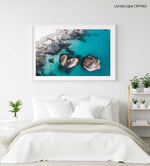 Aerial of three big boulders in blue Atlantic Sea in Clifton Cape Town in a white fine art frame