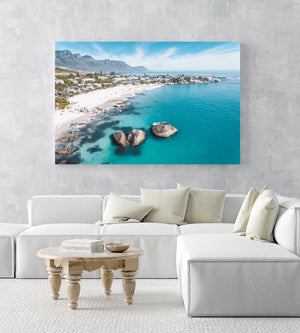 Aerial of Clifton Beach with blue water and sky on a summer day in Cape Town in an acrylic/perspex frame