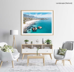 Aerial of Clifton Beach with blue water and sky on a summer day in Cape Town in a natural fine art frame