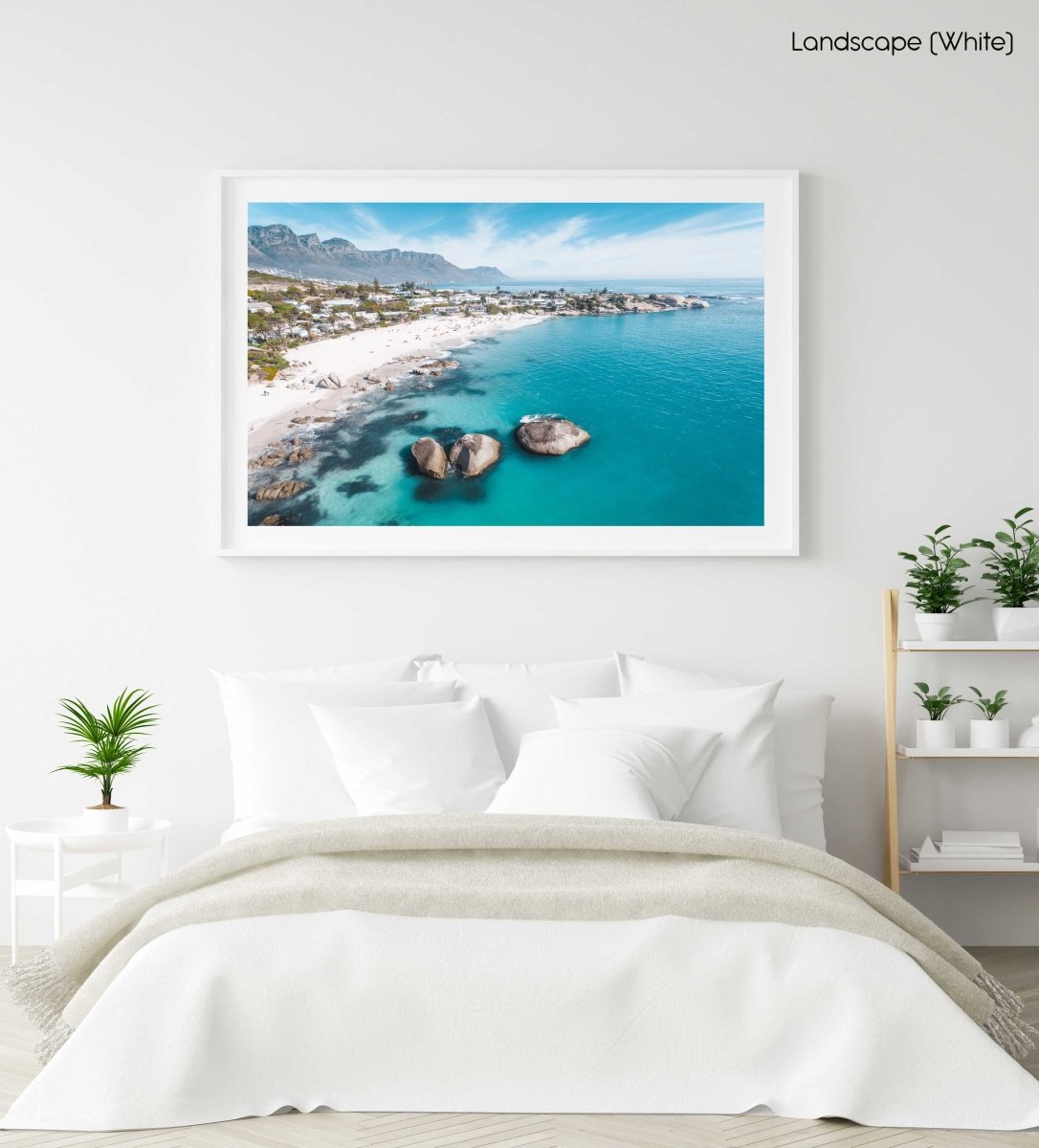 Aerial of Clifton Beach with blue water and sky on a summer day in Cape Town in a white fine art frame