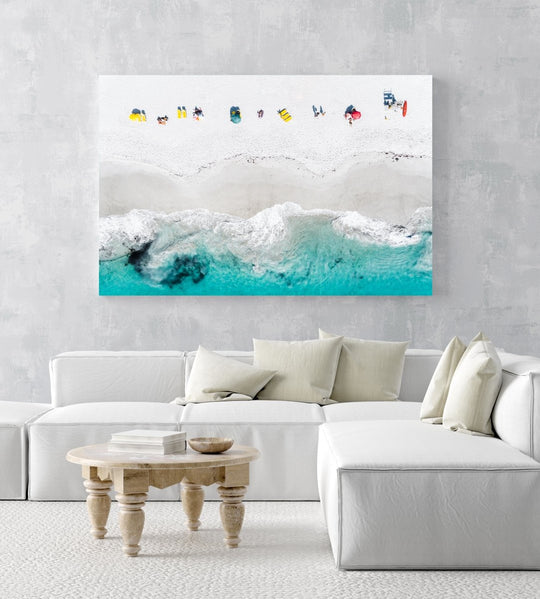 Aerial of colorful towels and umbrellas along blue sea on Clifton Beach Cape Town in a white fine art frame