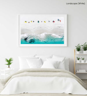 Aerial of colorful towels and umbrellas along blue sea on Clifton Beach Cape Town in a white fine art frame
